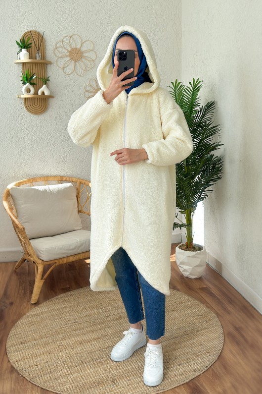 2183 Kapüşonlu Uzun Peluş Kap - KREM