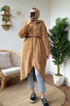 2183 Kapüşonlu Uzun Peluş Kap - CAMEL