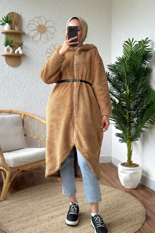 2183 Kapüşonlu Uzun Peluş Kap - CAMEL
