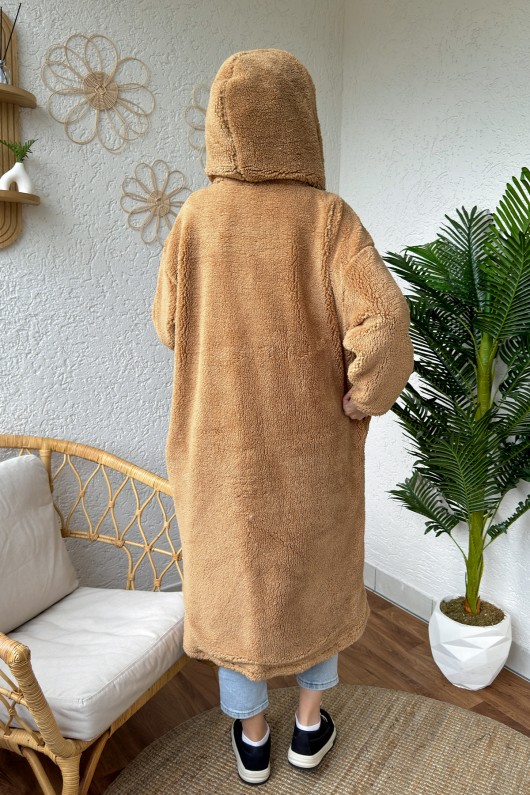 2183 Kapüşonlu Uzun Peluş Kap - CAMEL