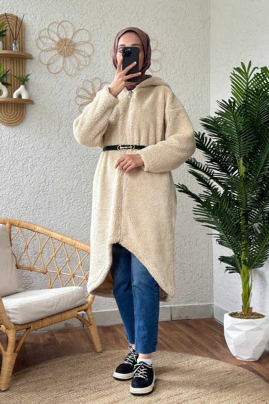 2183 Kapüşonlu Uzun Peluş Kap - TAŞ RENGİ 2183 Kapüşonlu Uzun Peluş Kap - TAŞ RENGİ