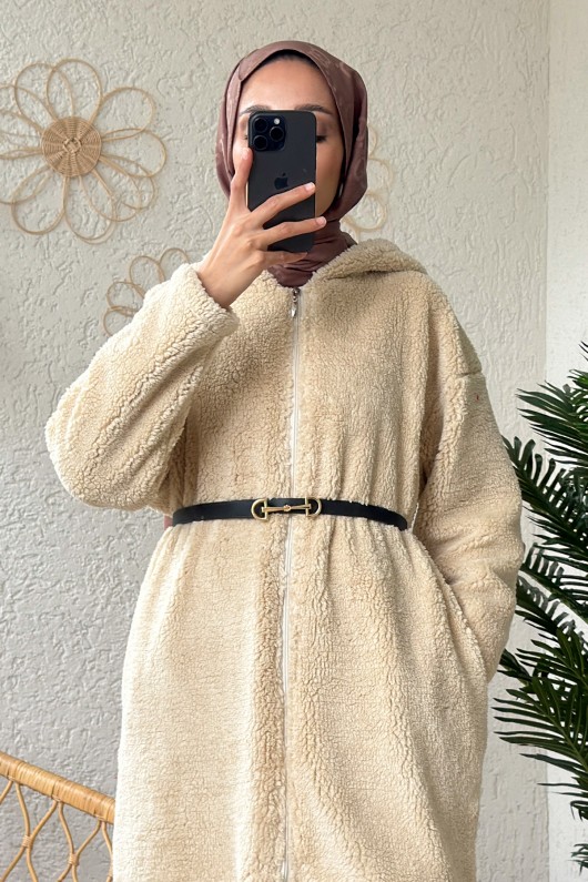 2183 Kapüşonlu Uzun Peluş Kap - TAŞ RENGİ 2183 Kapüşonlu Uzun Peluş Kap - TAŞ RENGİ