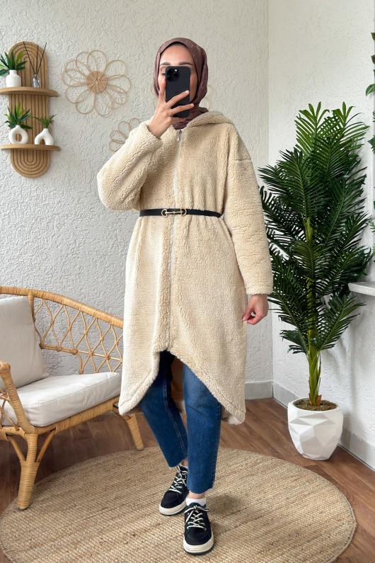 2183 Kapüşonlu Uzun Peluş Kap - TAŞ RENGİ 2183 Kapüşonlu Uzun Peluş Kap - TAŞ RENGİ