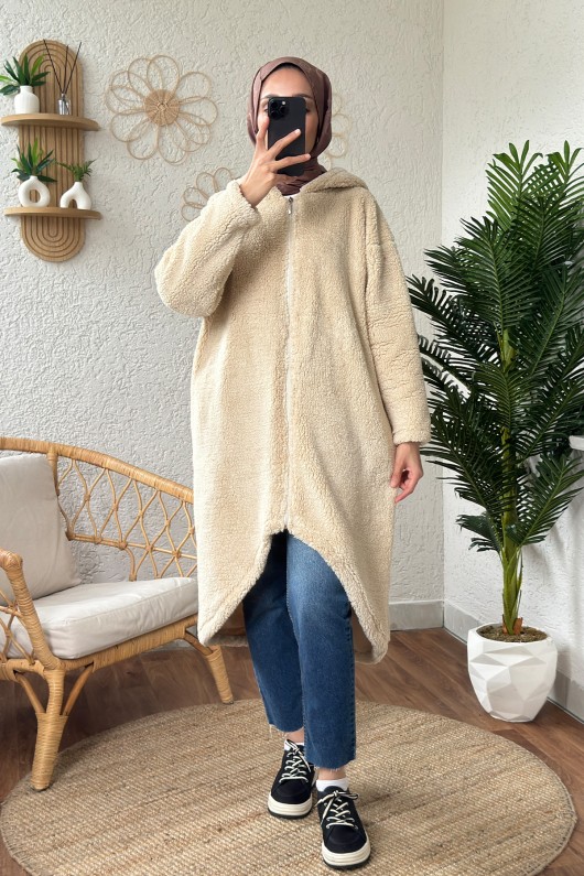 2183 Kapüşonlu Uzun Peluş Kap - TAŞ RENGİ 2183 Kapüşonlu Uzun Peluş Kap - TAŞ RENGİ