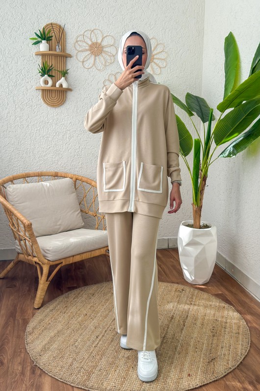 Tek Şerit Detaylı Eşofman Takım 2184 - BEJ Tek Şerit Detaylı Eşofman Takım 2184 - BEJ