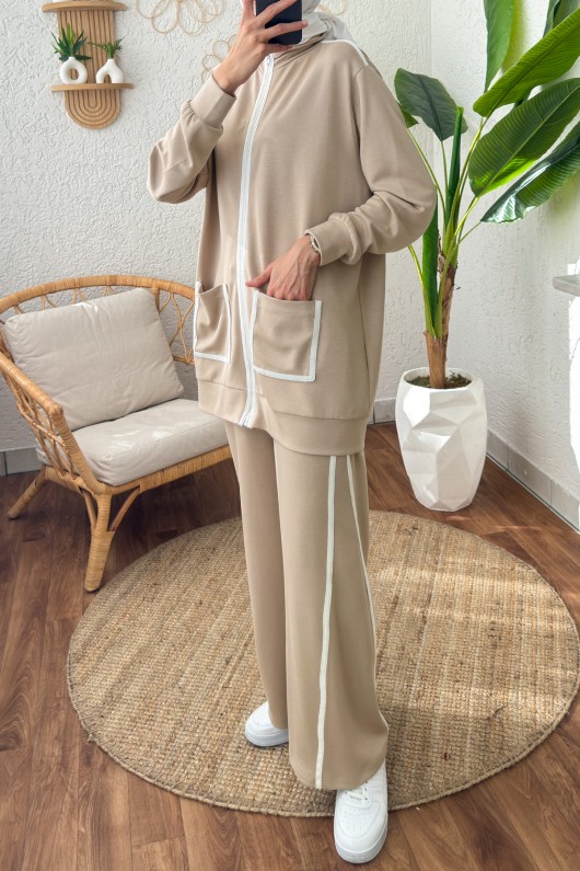 Tek Şerit Detaylı Eşofman Takım 2184 - BEJ Tek Şerit Detaylı Eşofman Takım 2184 - BEJ