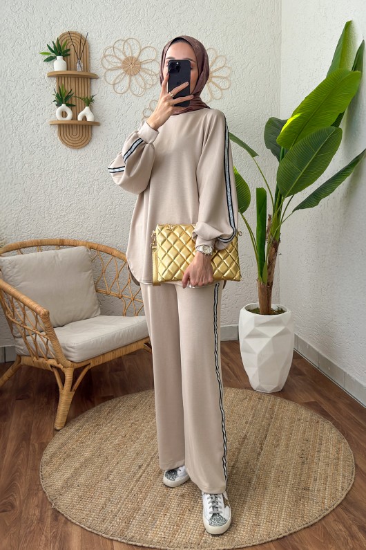 Sim Şeritli Eşofman Takım 2187 - BEJ