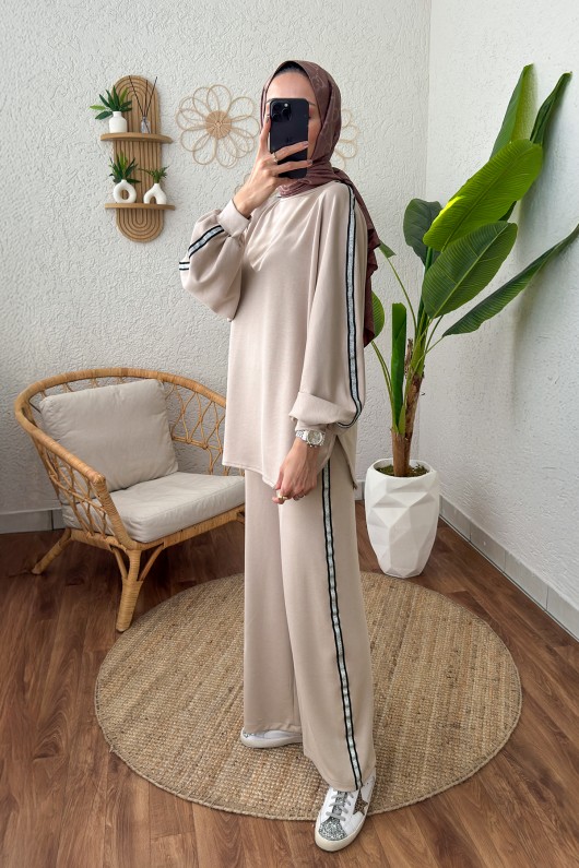 Sim Şeritli Eşofman Takım 2187 - BEJ