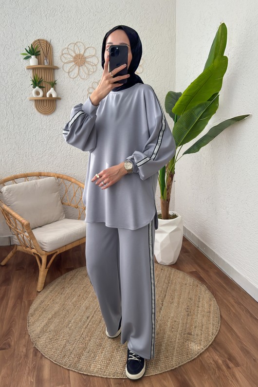 Sim Şeritli Eşofman Takım 2187 - GRİ