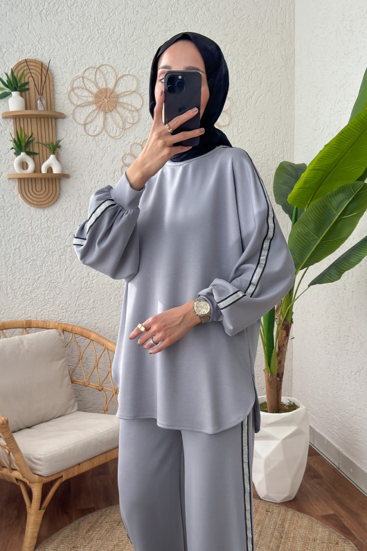 Sim Şeritli Eşofman Takım 2187 - GRİ