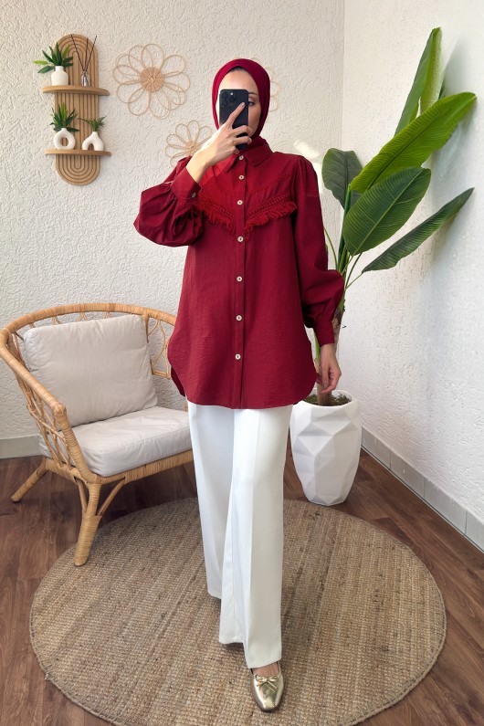 2189 Dantel Detaylı Gömlek - BORDO