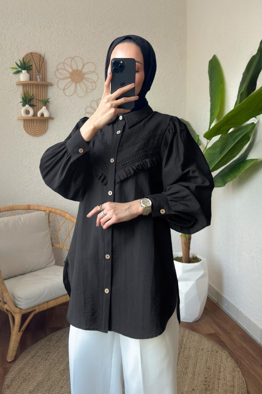 2189 Dantel Detaylı Gömlek - SİYAH