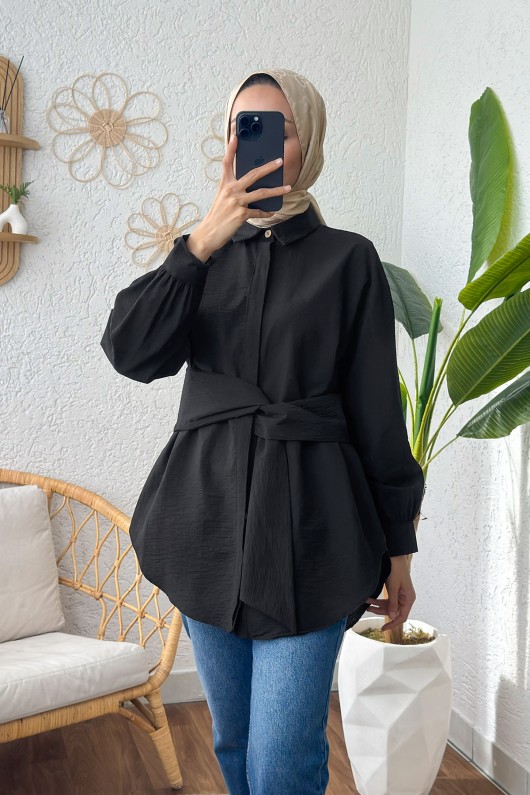 2190 Sabit Kuşaklı Tunik - SİYAH