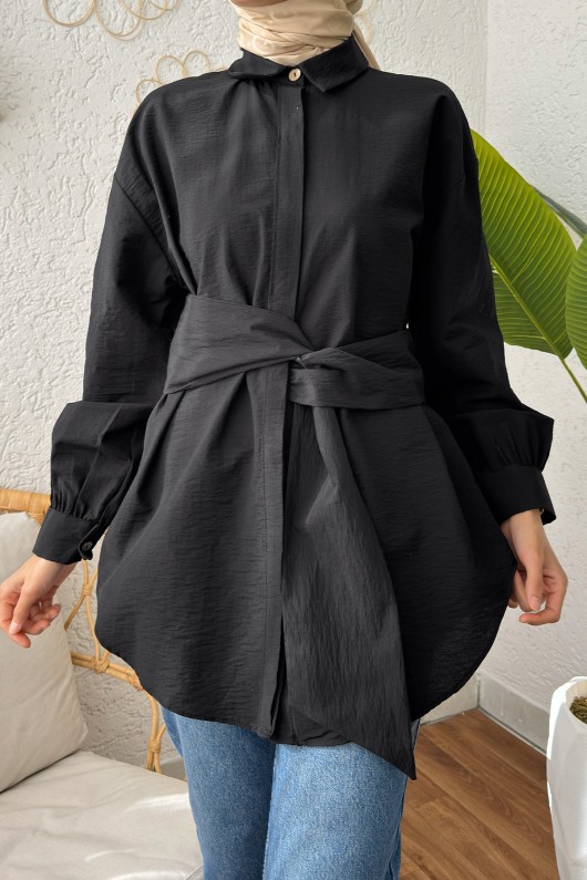 2190 Sabit Kuşaklı Tunik - SİYAH