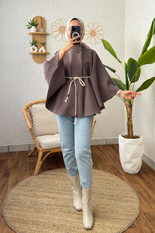 Örgü Kuşaklı Panço 2196 - KOYU KESTANE