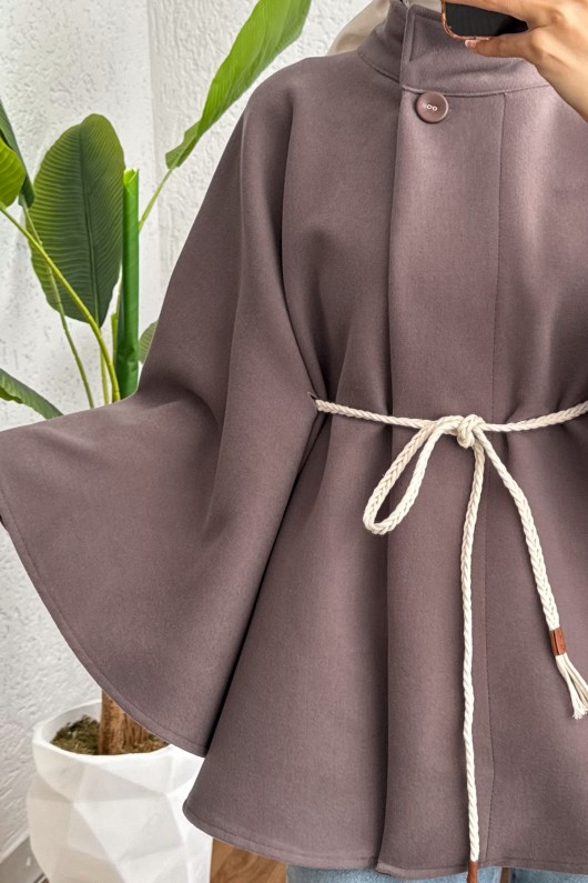 Örgü Kuşaklı Panço 2196 - KOYU KESTANE