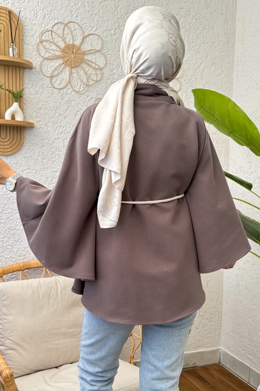 Örgü Kuşaklı Panço 2196 - KOYU KESTANE