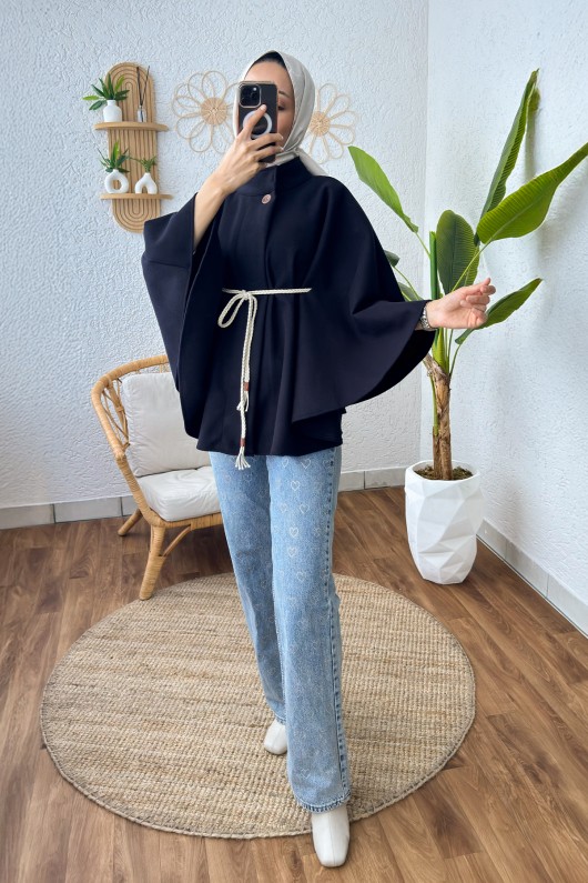 Örgü Kuşaklı Panço 2196 - LACİVERT