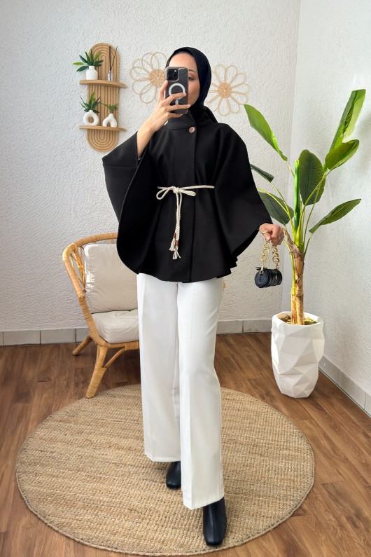 Örgü Kuşaklı Panço 2196 - SİYAH