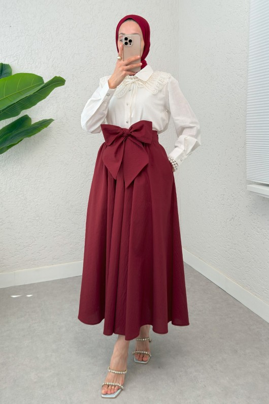 Büyük Kuşaklı Kloş Etek 2197 - BORDO Büyük Kuşaklı Kloş Etek 2197 - BORDO
