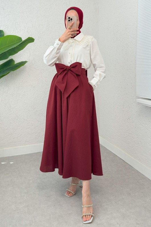 Büyük Kuşaklı Kloş Etek 2197 - BORDO Büyük Kuşaklı Kloş Etek 2197 - BORDO