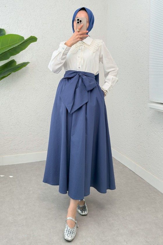 Büyük Kuşaklı Kloş Etek 2197 - İNDİGO