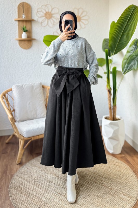 Fiyonk Detaylı Kloş Etek 2197 - SİYAH