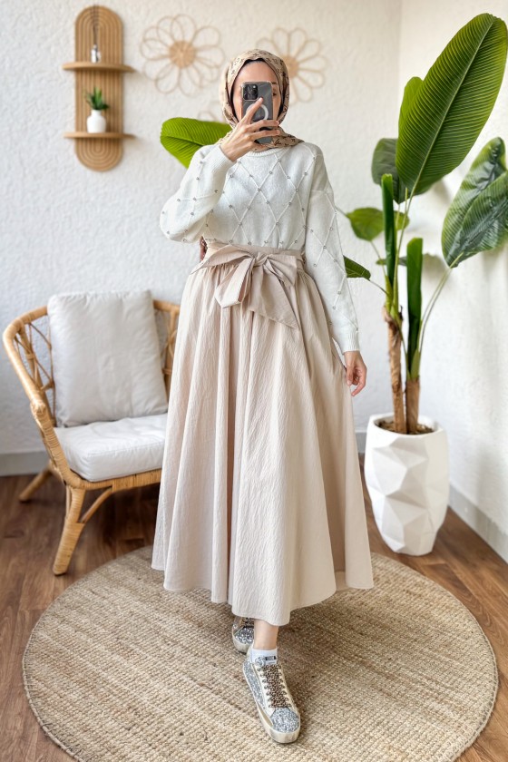 Fiyonk Detaylı Kloş Etek 2197 - TAŞ RENGİ