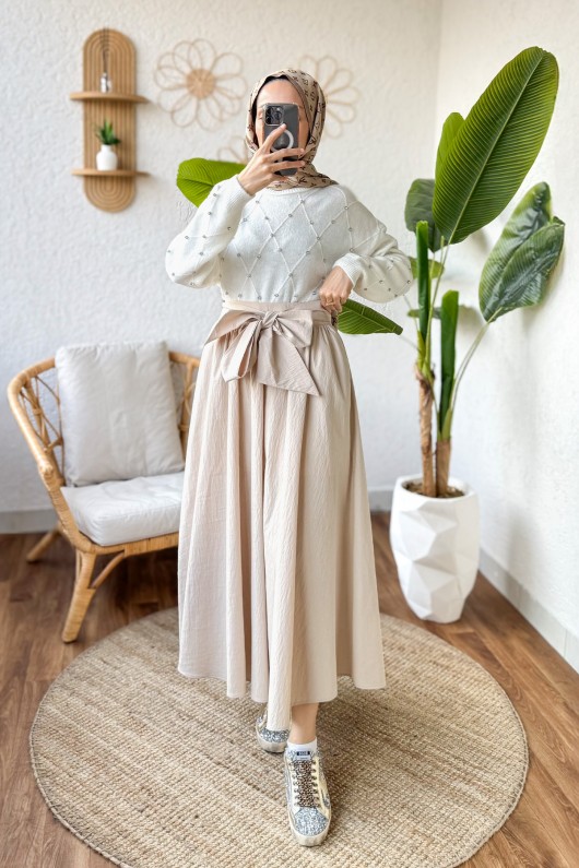 Fiyonk Detaylı Kloş Etek 2197 - TAŞ RENGİ Fiyonk Detaylı Kloş Etek 2197 - TAŞ RENGİ