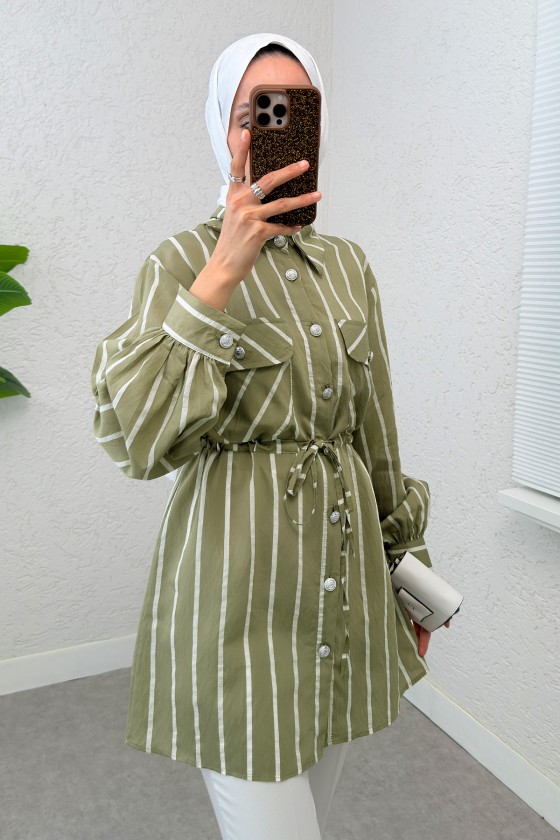 Bel Büzgülü Tesettür Tunik 2200 - AÇIK HAKİ