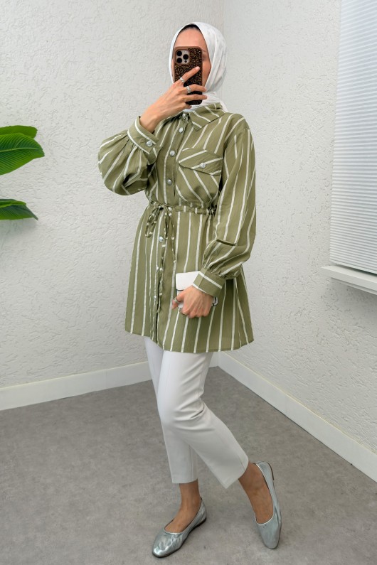 Bel Büzgülü Tesettür Tunik 2200 - AÇIK HAKİ