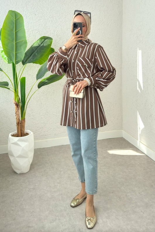 Bel Büzgülü Tesettür Tunik 2200 - KAHVERENGİ