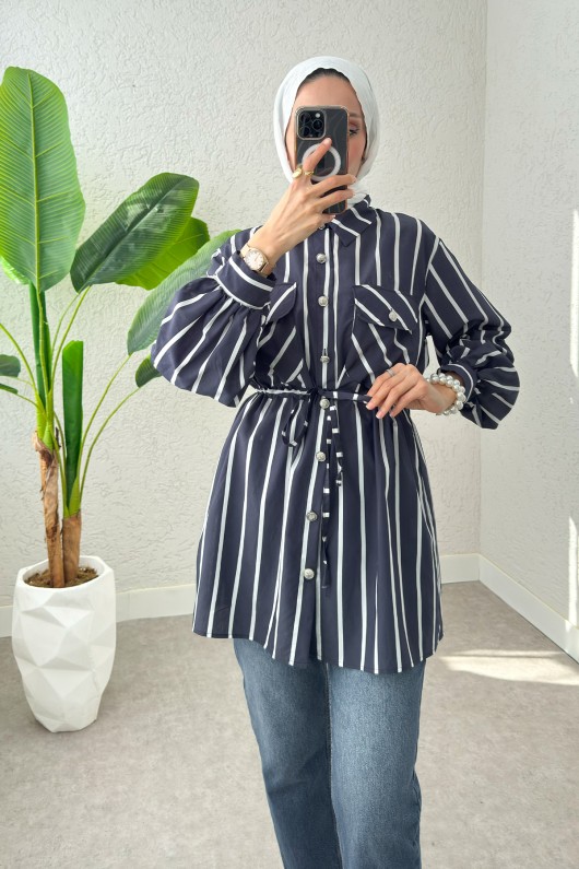 Bel Büzgülü Tesettür Tunik 2200 - LACİVERT