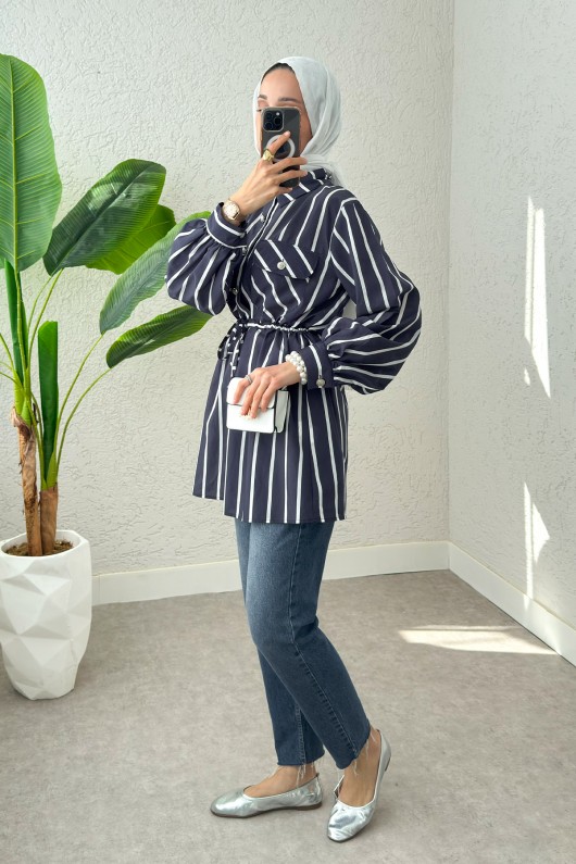 Bel Büzgülü Tesettür Tunik 2200 - LACİVERT