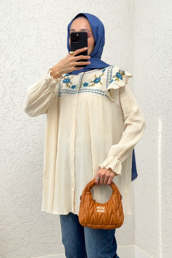 Gül Nakışlı Tunik  2201 - KREM