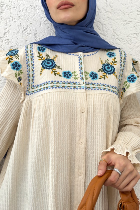 Gül Nakışlı Tunik  2201 - KREM