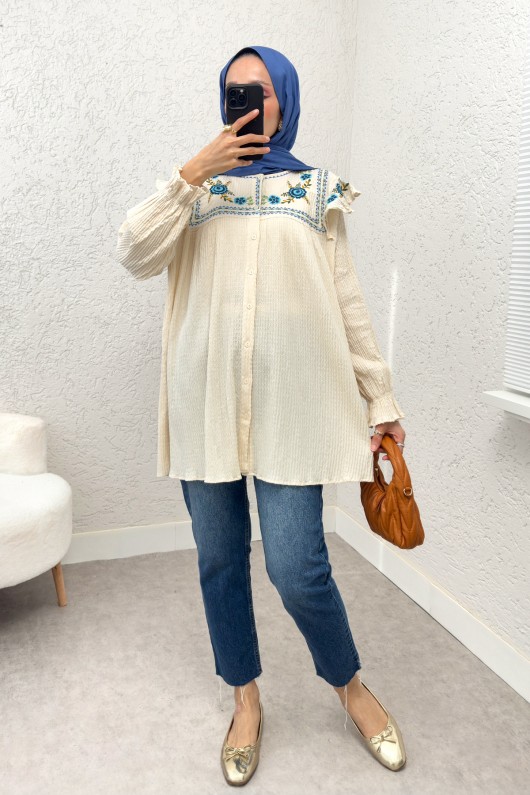 Gül Nakışlı Tunik  2201 - KREM