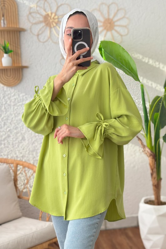 Kolu Büzgü Bağcıklı Gömlek 2202 - AÇIK YEŞİL