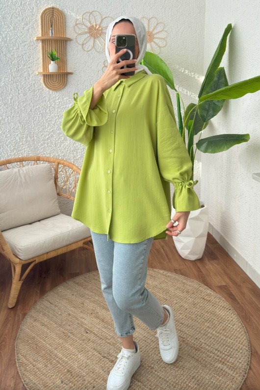 Kolu Büzgü Bağcıklı Gömlek 2202 - AÇIK YEŞİL