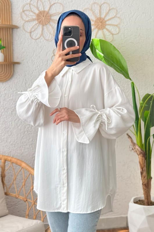 Kolu Büzgü Bağcıklı Gömlek 2202 - BEYAZ