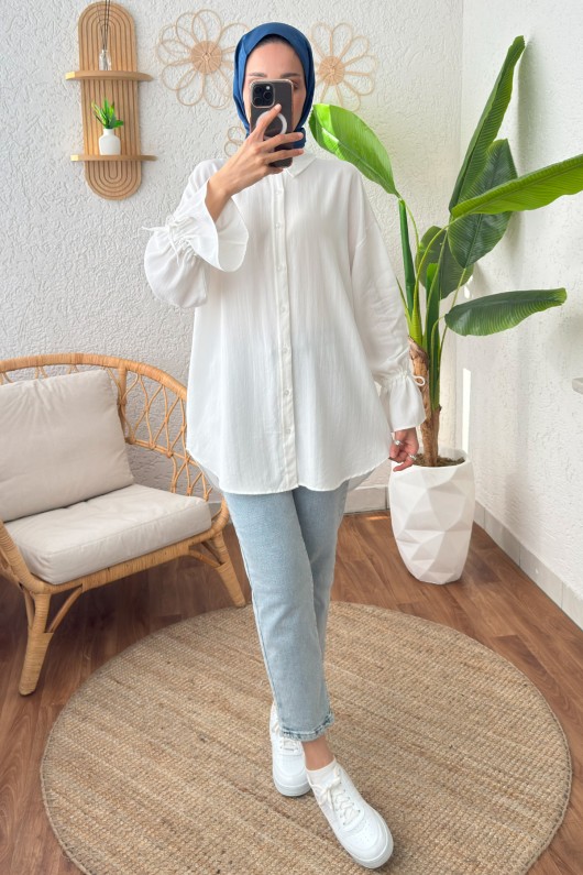 Kolu Büzgü Bağcıklı Gömlek 2202 - BEYAZ