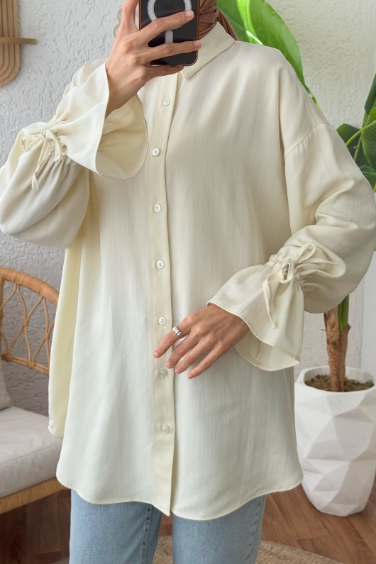 Kolu Büzgü Bağcıklı Gömlek 2202 - EKRU