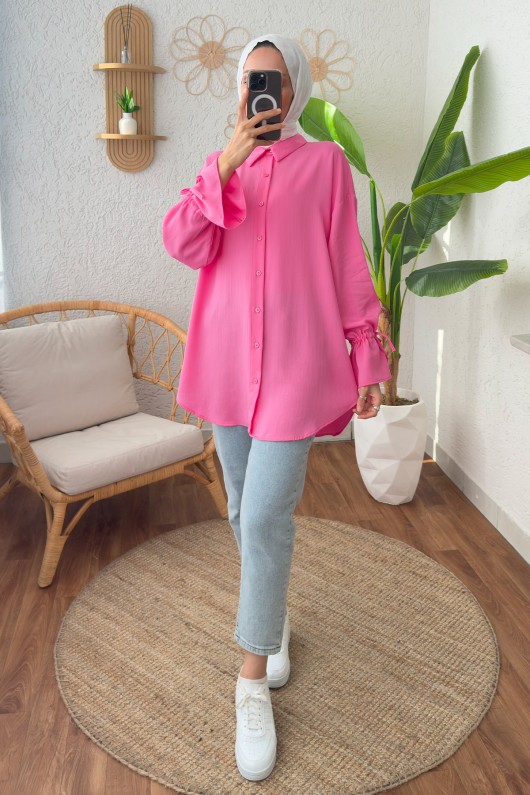 Kolu Büzgü Bağcıklı Gömlek 2202 - FUŞYA Kolu Büzgü Bağcıklı Gömlek 2202 - FUŞYA