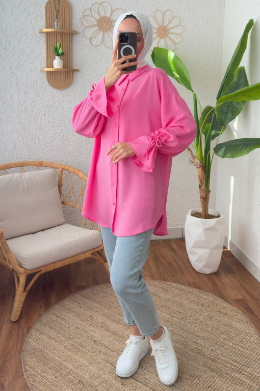 Kolu Büzgü Bağcıklı Gömlek 2202 - FUŞYA Kolu Büzgü Bağcıklı Gömlek 2202 - FUŞYA