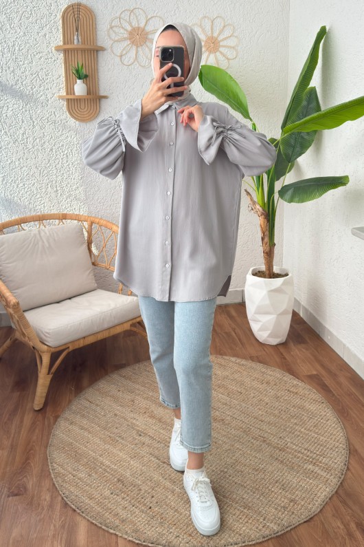 Kolu Büzgü Bağcıklı Gömlek 2202 - GRİ