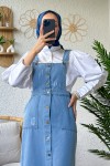 22024 Önü Düğmeli Kot Salopet - MAVİ