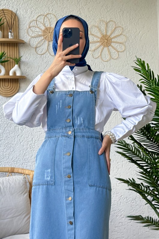 22024 Önü Düğmeli Kot Salopet - MAVİ