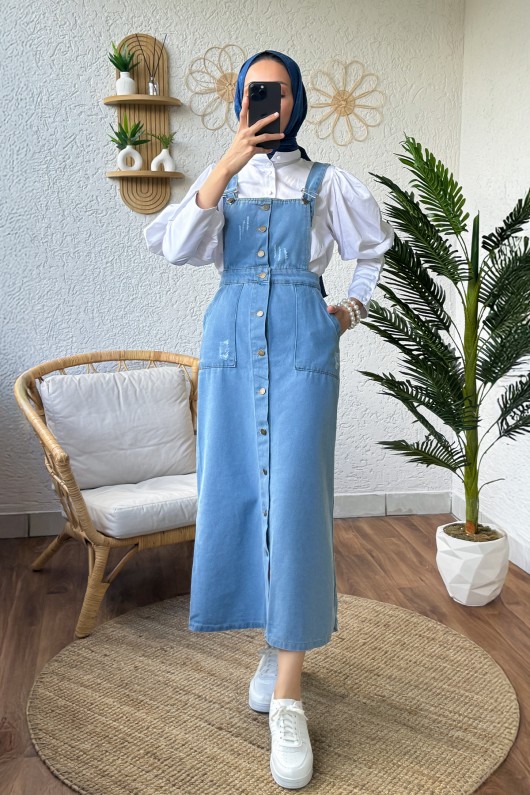 22024 Önü Düğmeli Kot Salopet - MAVİ