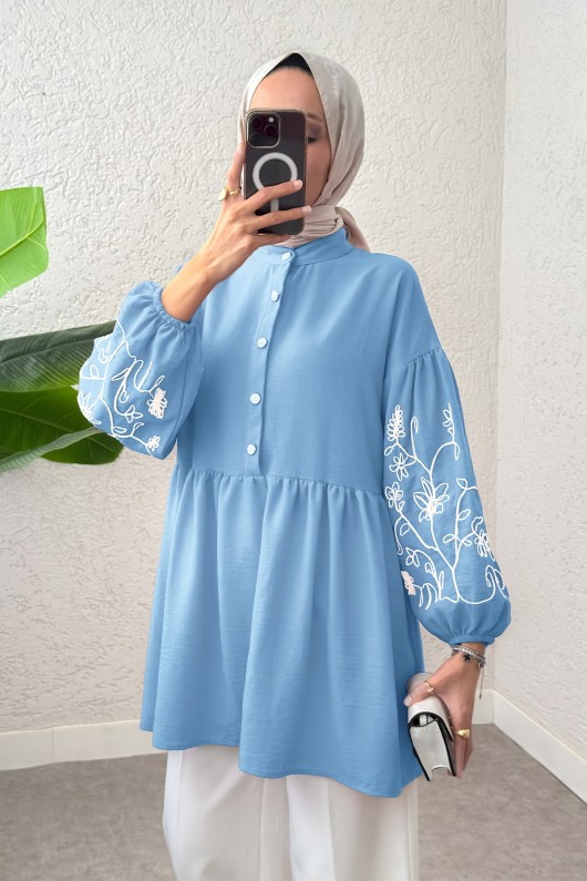 Nakışlı Balon Kol Tunik 2204 - BEBE MAVİSİ Nakışlı Balon Kol Tunik 2204 - BEBE MAVİSİ