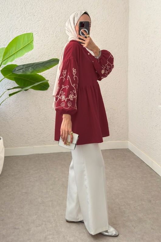 Nakışlı Balon Kol Tunik 2204 - BORDO